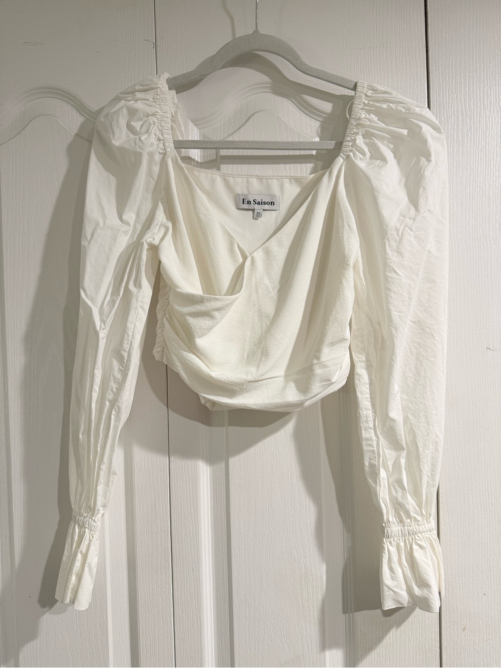 En Saison Cream Draped Puff-Sleeve Crop Top